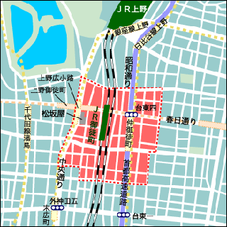 御徒町駅周辺→清川自転車保管所（清川2丁目24番26号)