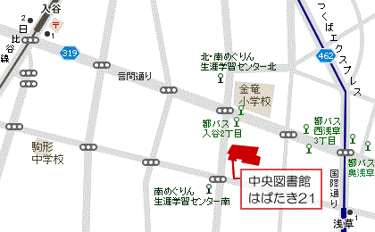 中央図書館案内図の画像。具体的な道のりは、前述の『ことばの道案内』を参照してください。